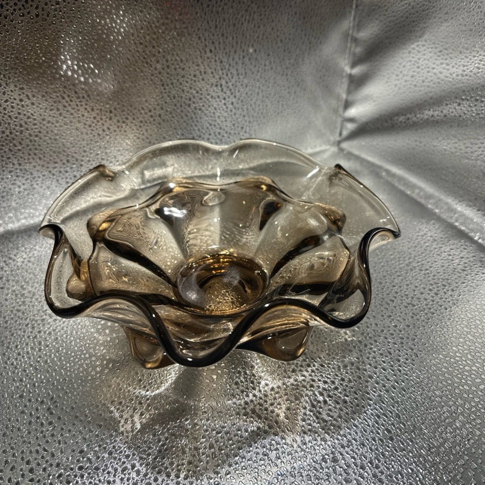 Vintage Viking Glass Amber/Smoke Wavy Double Layer Bowl Candy Dish - Picture 3 of 9